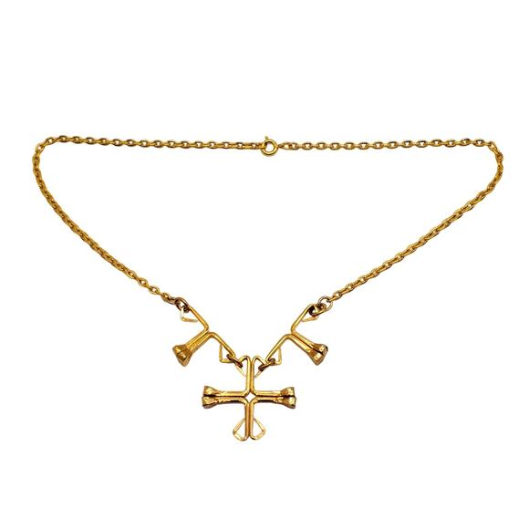 Brutalist Cross Pendant Necklace Gold Tone Chain Horse Nail Christian Religious - Picture 4 of 8